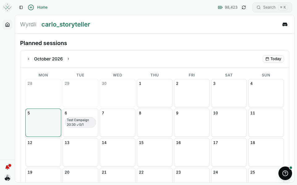 The Wyrdli home calendar with the next session of a campaign and who has confirmed